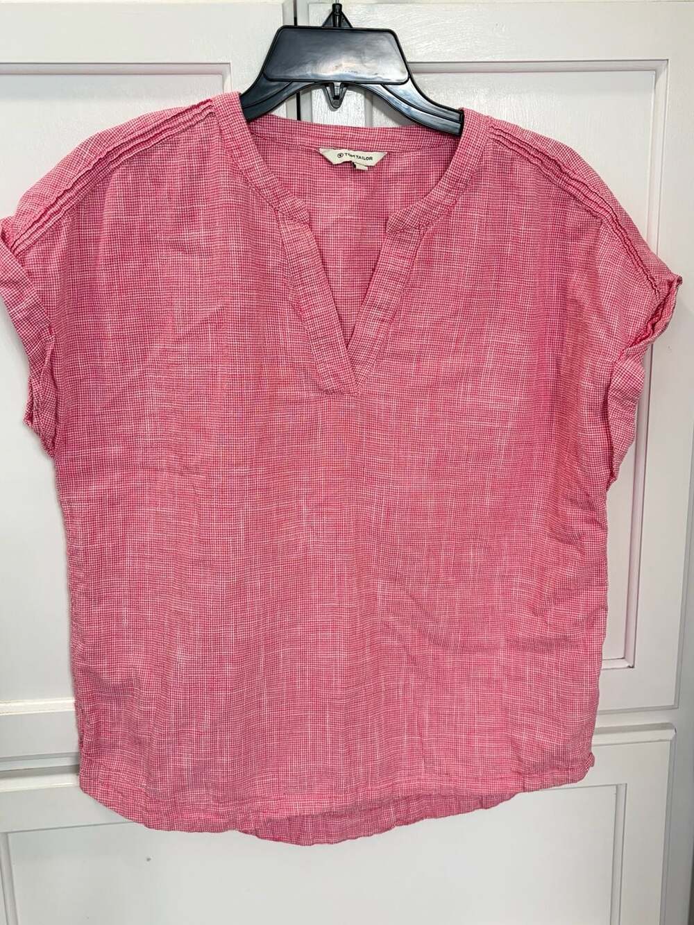 Tom Tailor Women's Pink Micro-Check Short Sleeve Popover Blouse Medium